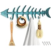 Comfify Fish Bones Wall Mounted Towel Rack – Stylish Cast Iron Hanger with 4 Hooks – Includes Screws and Anchors – Teal Blue