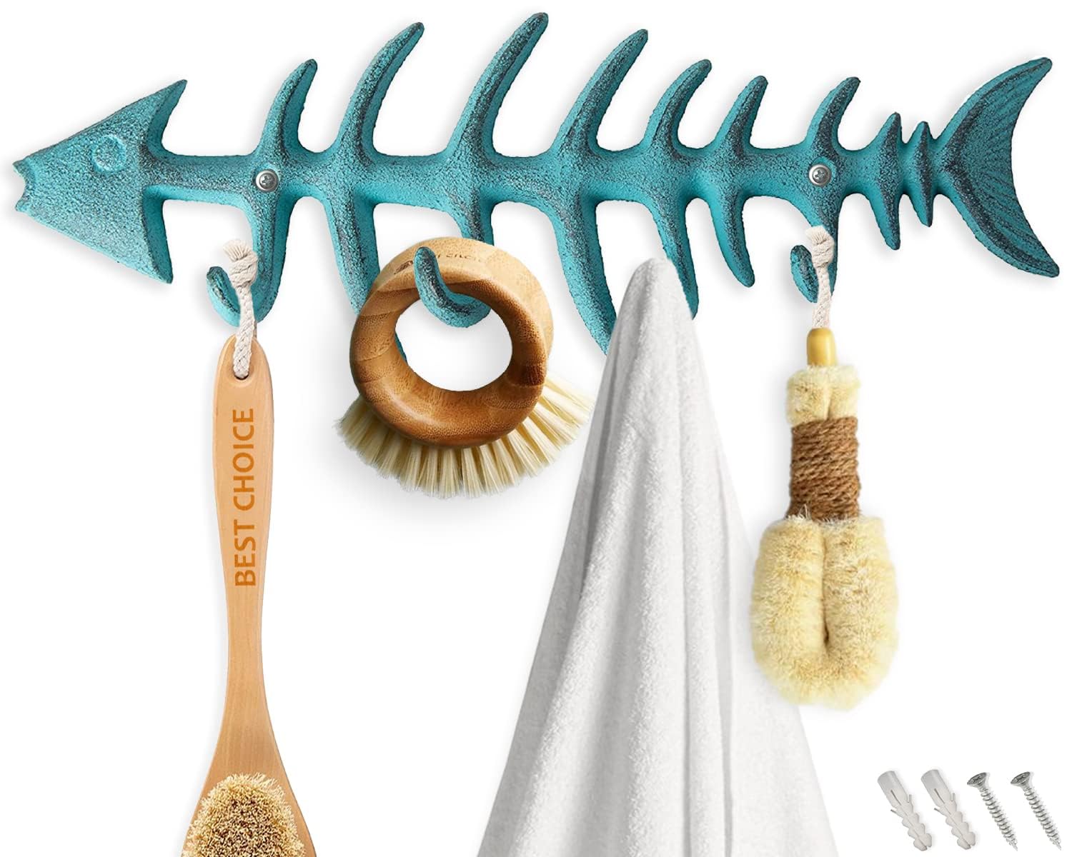 Comfify Decorative Fish Bones Wall Mount Towel Rack Stylish Cast Iron Hanger w/ 4 “Fish” Hooks | Includes Screws and Anchors - Fish Bones Towel Hanger - Teal Blue