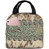 Poacnip Western Country Cowboy Brown Beige Teal Turquoise Fashion Pattern Insulated Lunch Bag Portable Reusable Lunch Box Thermal Cooler Tote Bag With Pockets For Women Men Work Office Picnic Travel