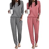 Ekouaer 2 Pack Womens Pajama Set Soft Pjs Long Sleeve Top With Jogger Pants Lounge Sets Sleepwear Loungewear with Pockets