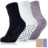 Revosoxs Fuzzy Socks with Grips for Women Men,Non Slip Hospital Crew Cozy Socks with Aloe Vera Perfume(White+Grey+Black)