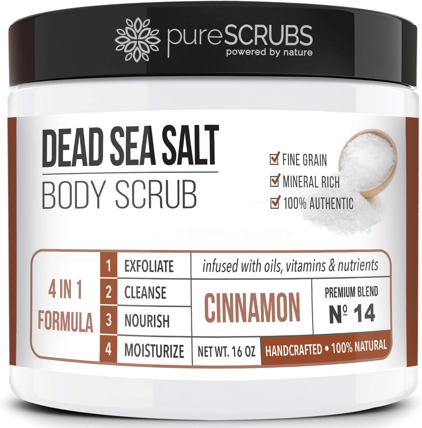 pureSCRUBS Premium Organic Body Scrub Set - Large 16oz CINNAMON BODY SCRUB - Dead Sea Salt Infused Organic Essential Oils & Nutrients INCLUDES Wooden Spoon, Loofah & Mini Organic Exfoliating Bar Soap