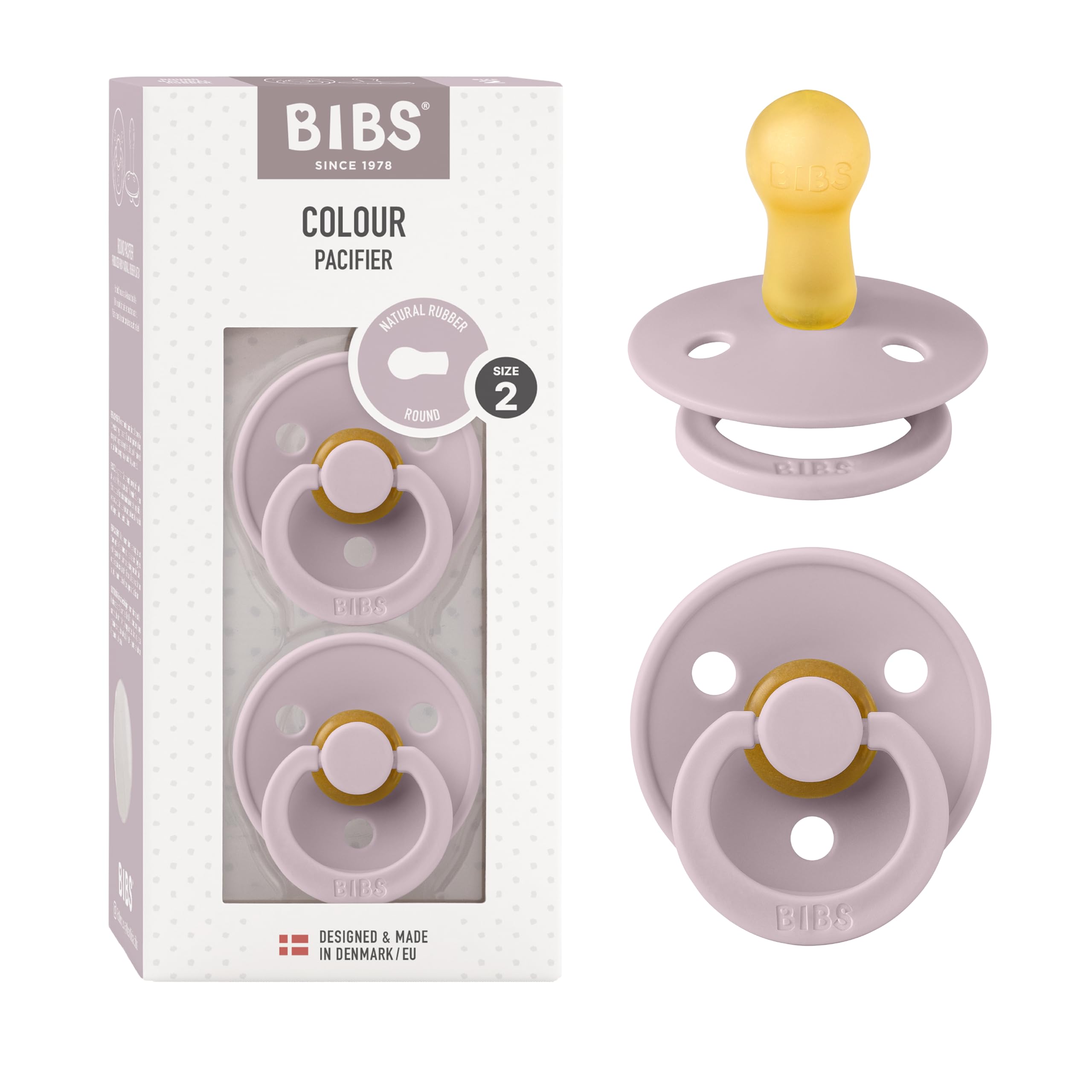 Photo 1 of BIBS Pacifiers Colour Collection | Natural Rubber Baby Pacifier | Set of 2 BPA-Free Soothers | Made in Denmark | 6+ Months (Pack of 2) | Dusky Lilac