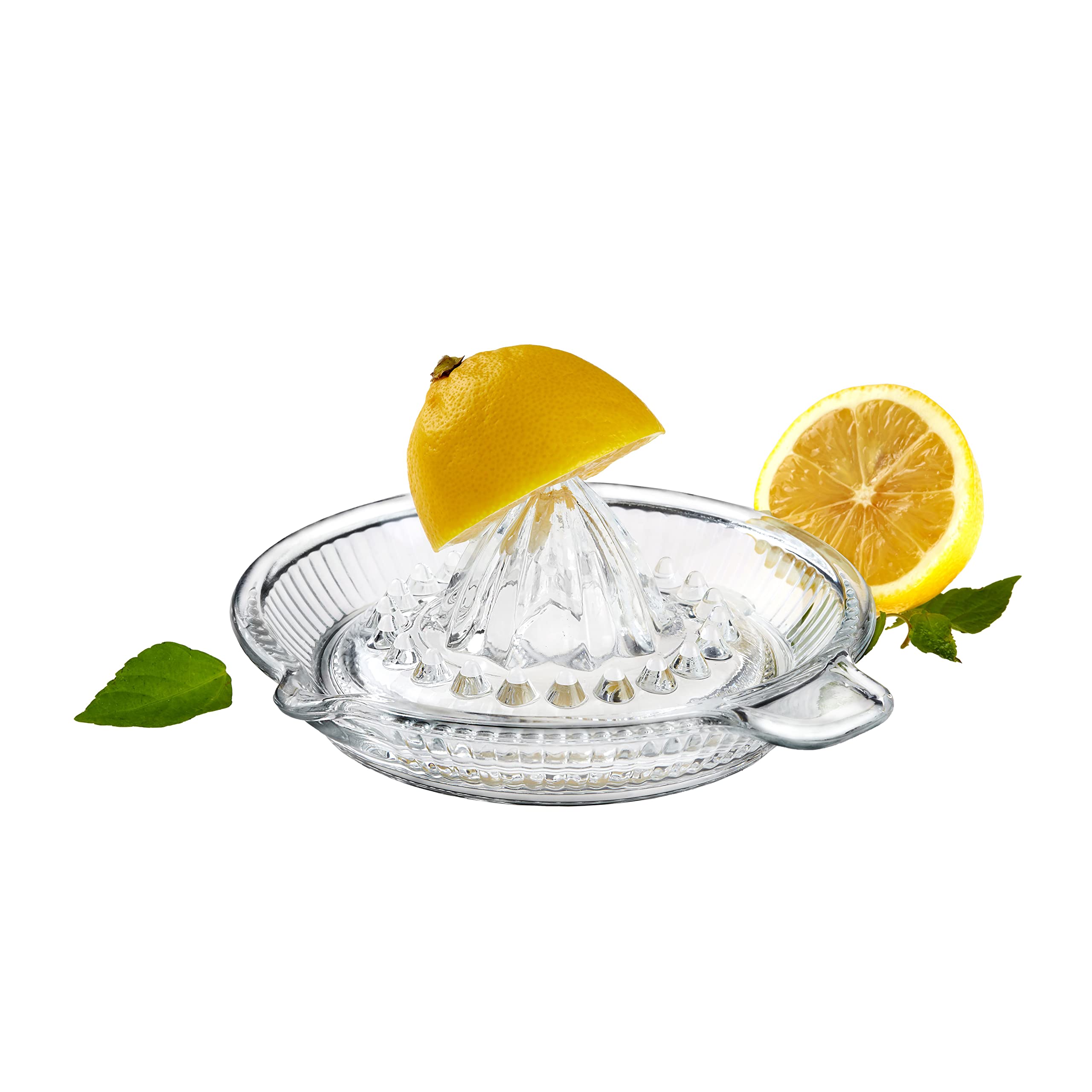 DESTALYA Lemon Squeezer | Citrus Juicer Hand | Crystal Reamer, Manual Extractor with Handle | Pour Spout for Fresh Fruit Juice Lime Orange | Heavyweight Clear Glass