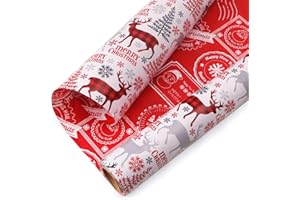 Ribbli Christmas Wrapping Paper Reversible Vintage Reindeer and Christmas Stamp Gift Wrapping Paper Rolls Holiday Presents Decoration-17 Inch x 33 Feet