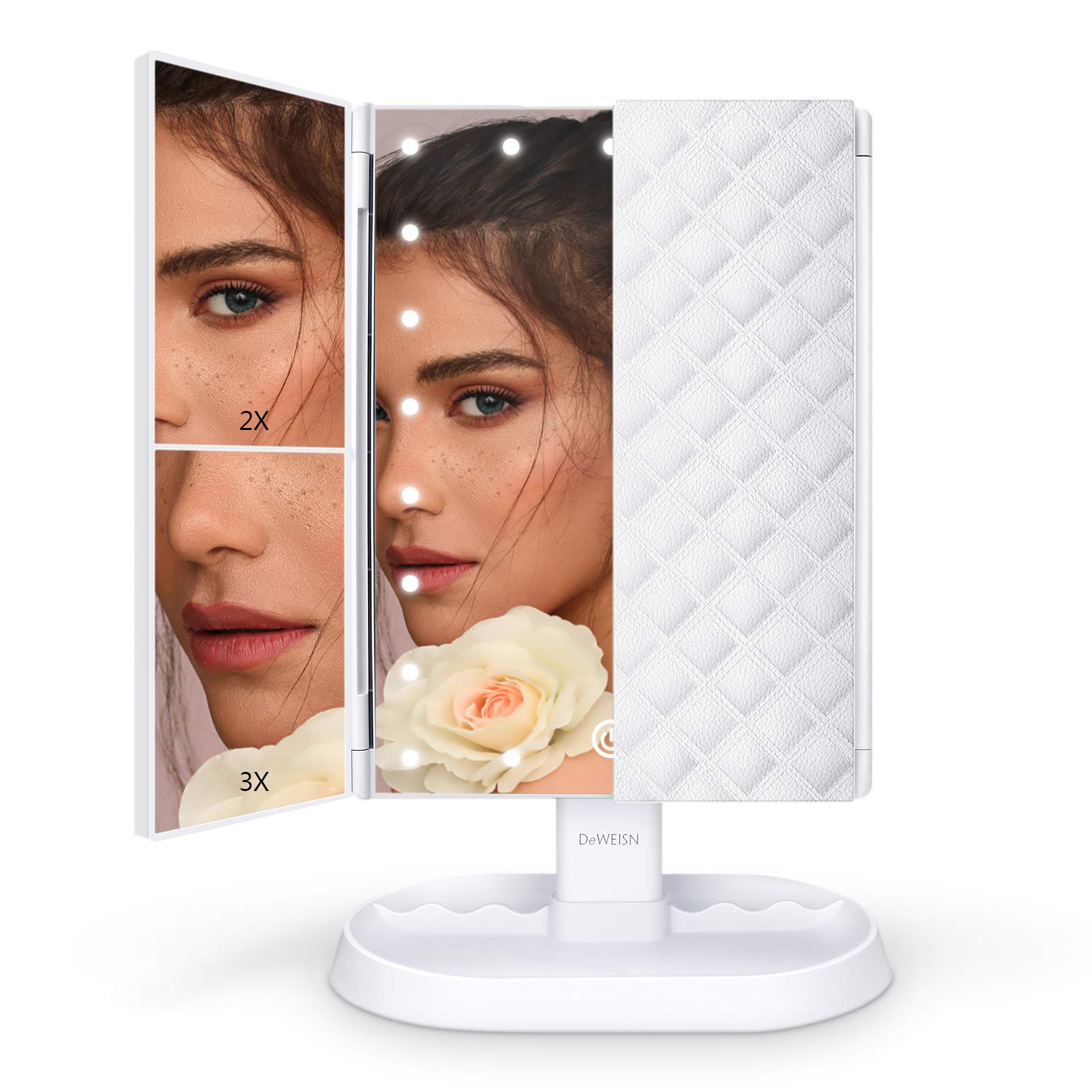 deweisnMakeup Mirror, Lighted Vanity Mirror with 1x/2x/3x Magnification, 21 LED Portable Trifold Mirror Touch Screen Dimming Dual Power, Illuminated Cosmetic Mirror for Countertop, Gift for Women