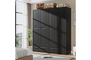 Vrmuxita Armoire Wardrobe Closet with Drawers: 74" Black Tall Wooden Wardrobe Closet for Hanging Clothes, Large Bedroom Armoires with 2 Drawers, 4 Door Armoire Storage Cabinet (Black, 63")