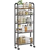 Slim Storage Cart, 5 Tier Narrow Utility Cart with Metal Frame and Wooden Top, Rolling Storage Organizer Shelving Unit for Kitchen, Dining Room, Living Room,Home Office, Vintage