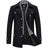 Lamgool Men's Winter Mid Length Wool Blend Coat Single Breasted Peacoat with Removable Scarf