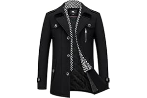 Lamgool Men's Winter Mid Length Wool Blend Coat Single Breasted Peacoat with Removable Scarf