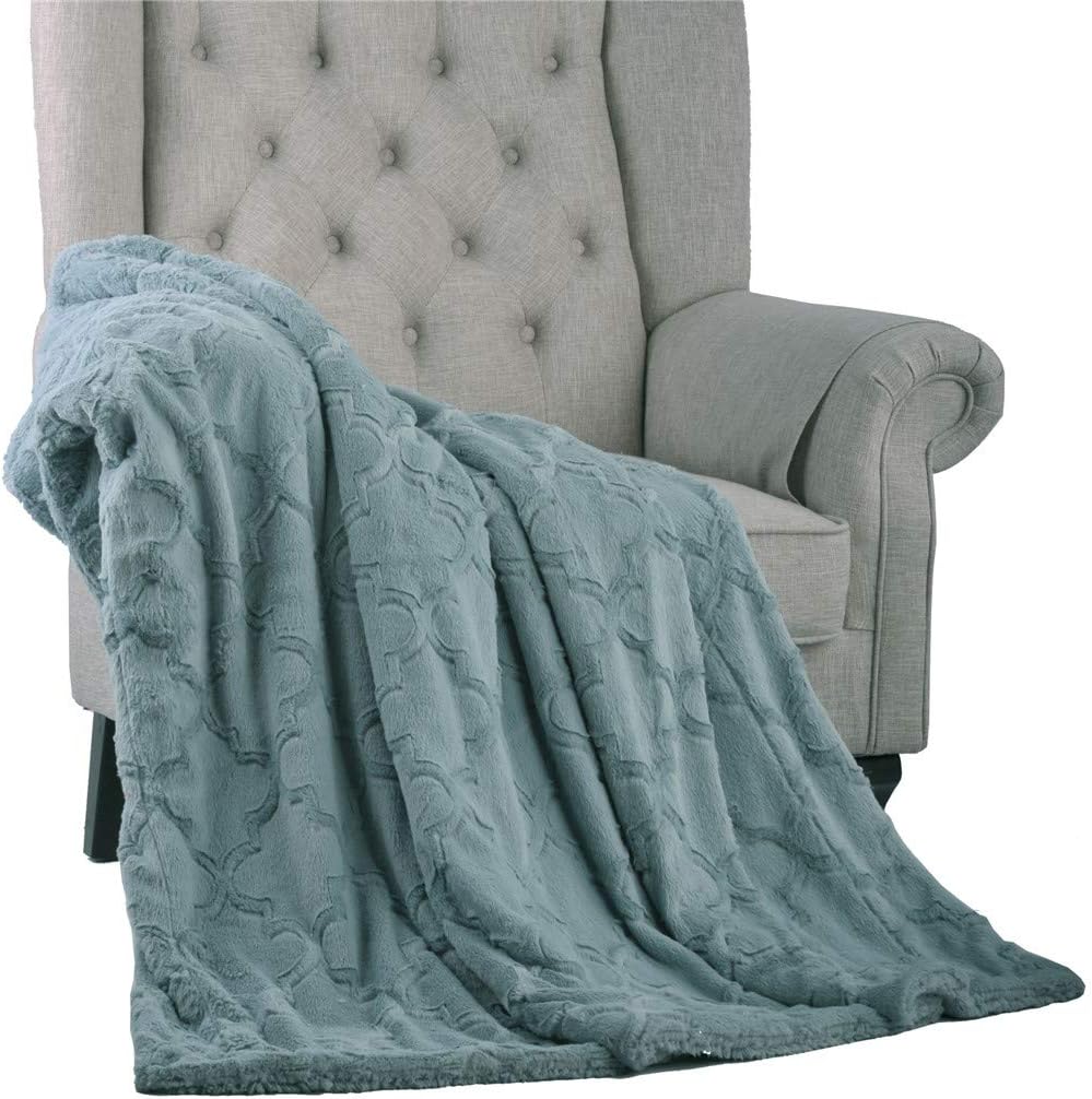 Trio Brushed Faux Fur Sherpa Backing Geometric Super Soft Light Weight Luxury Cozy Fluffy Extra Warm Light Weight Bed Couch Chair Sofa Throw Blanket, 60" x 80" Jumbo, Silver Blue