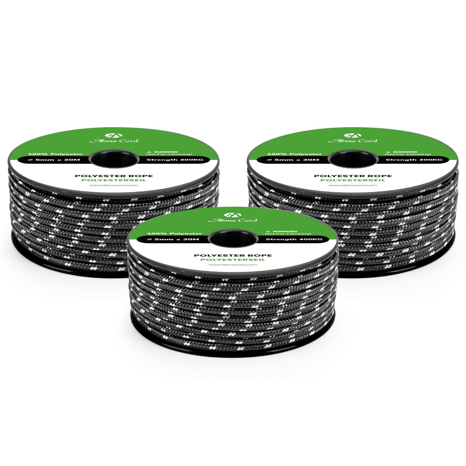 Abma Cord Polyester Cord 5mm x 30m Braid Polyester Rope, Black/White - Heavy Duty & Low Stretch - High UV & Abrasion Resistance