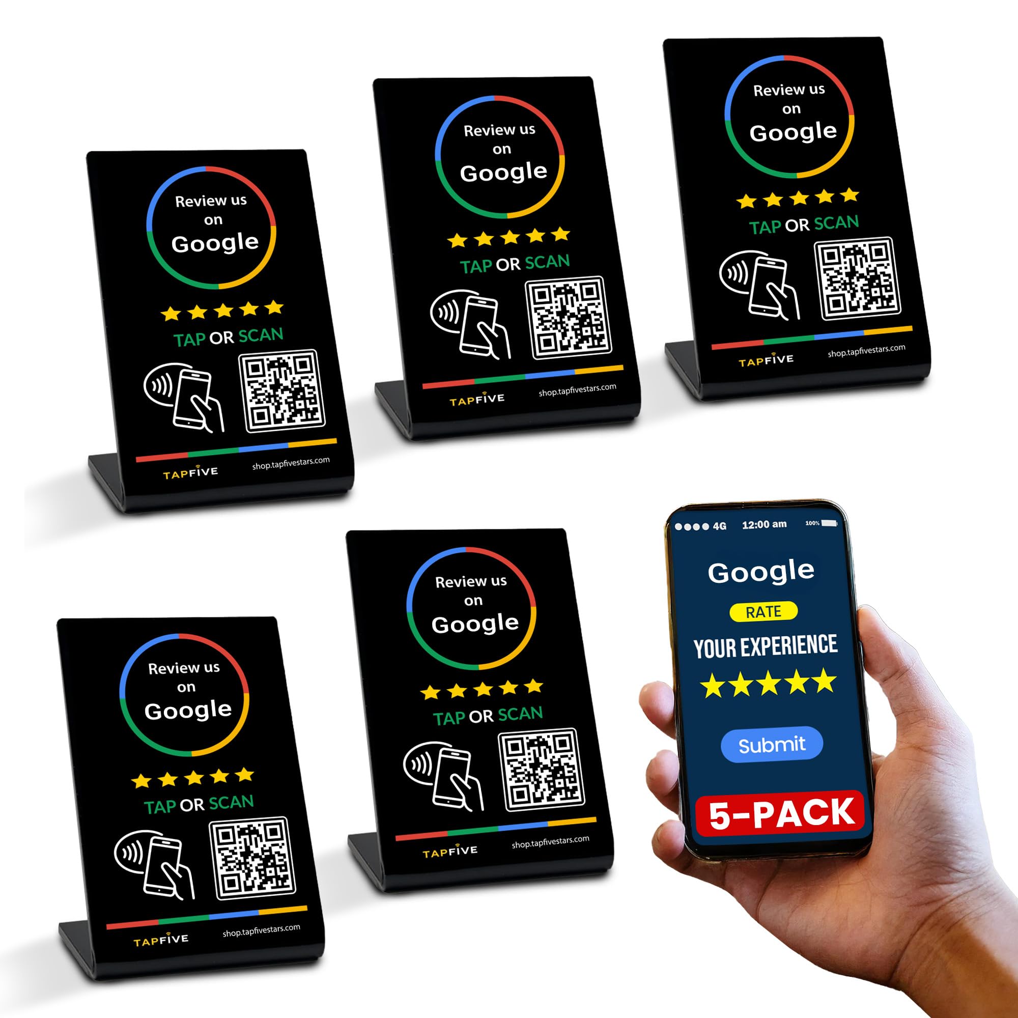Photo 1 of TapFive Google Review Stand (5-Pack) - Tap for Instant Reviews - Reusable Smart Tap NFC & QR - All Phones Compatible - Boost Business Reviews Zappy Fast (Black, 5 Stands)