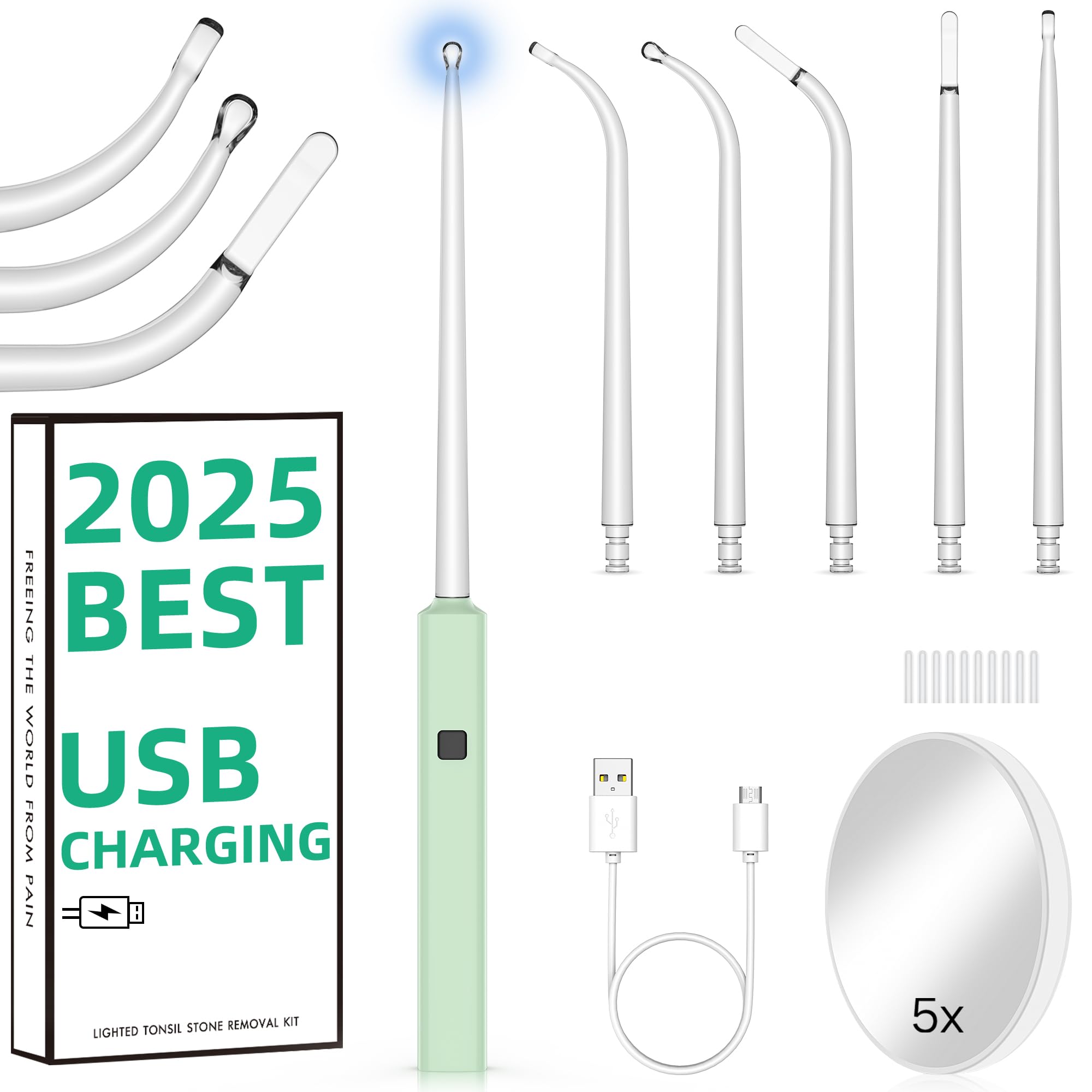 Photo 1 of EVNRH 2025 Best Tonsil Stone Remover 6pcs Extended LED Light Guiding Scoop Curved Tonsil Stone Removal Kit Remove Tonsil Stone Water Flosser Oral Irrigator Tool Rinse Syringe Cleaner Fresh Breath Soft
