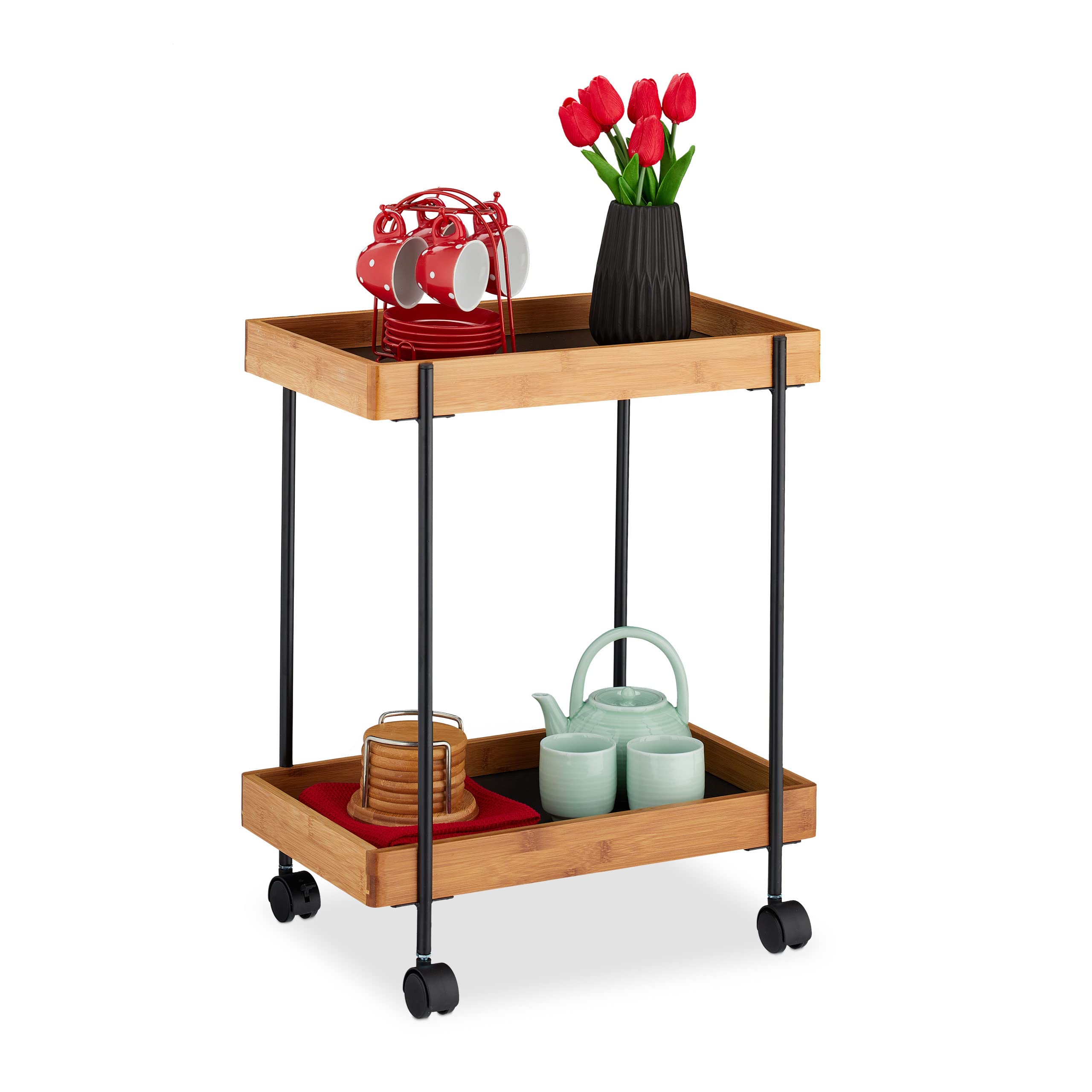 Relaxdays Serving Trolley, Tea Station with 2 Tiers, Bamboo & Iron, Side Table on Casters, 57x46x28 cm, Natural/Black
