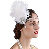 SWEETV 1920s Feather Headpiece Ivory, Womens Ostrich Feather Crystal Headband, Great Gatsby Hair Accessories for Women, Ribbon Tie