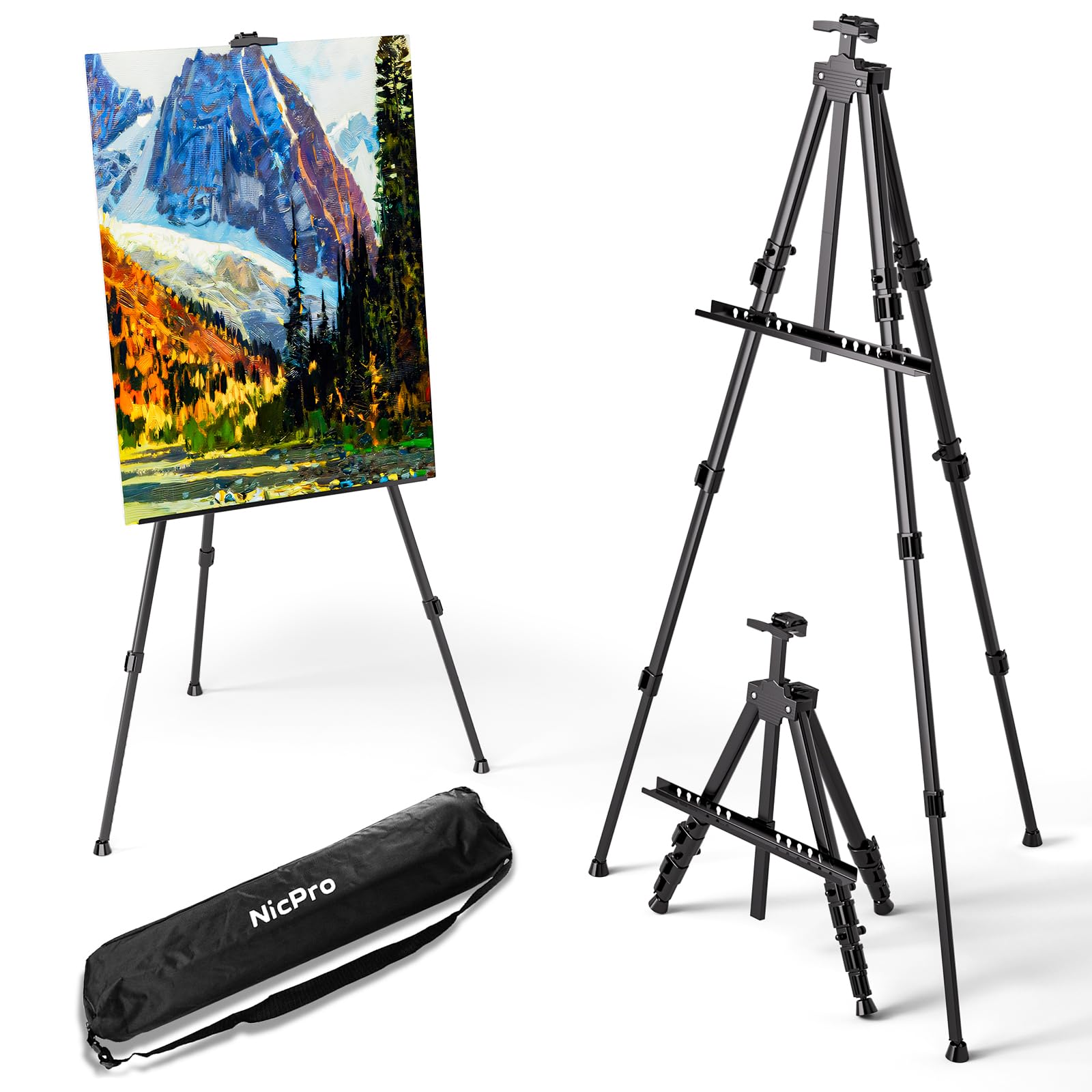 Nicpro Art Easel for Sign, Black Aluminum Metal Tripod Stand - Adjustable Height 17 to 66" for Table-Top/Floor Painting, Drawing, Display, Poster, Canvas