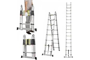 VANDISE 12.5FT Aluminum Telescoping Extension Ladder 330lbs Capacity Type A Lightweight Portable Multi-Purpose Folding with Support Bar Anti-Slip EN131 Certificated for Indoor Outdoor Work