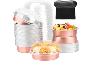 LNYZQUS 8oz Mini Cake Pans with Lids 50 Pack, 4” Disposable Small Pie Pans Aluminum Foil Baking Tins Ramekins,Small Baking Pans Muffin Containers Holders for Wedding Party-Champagne