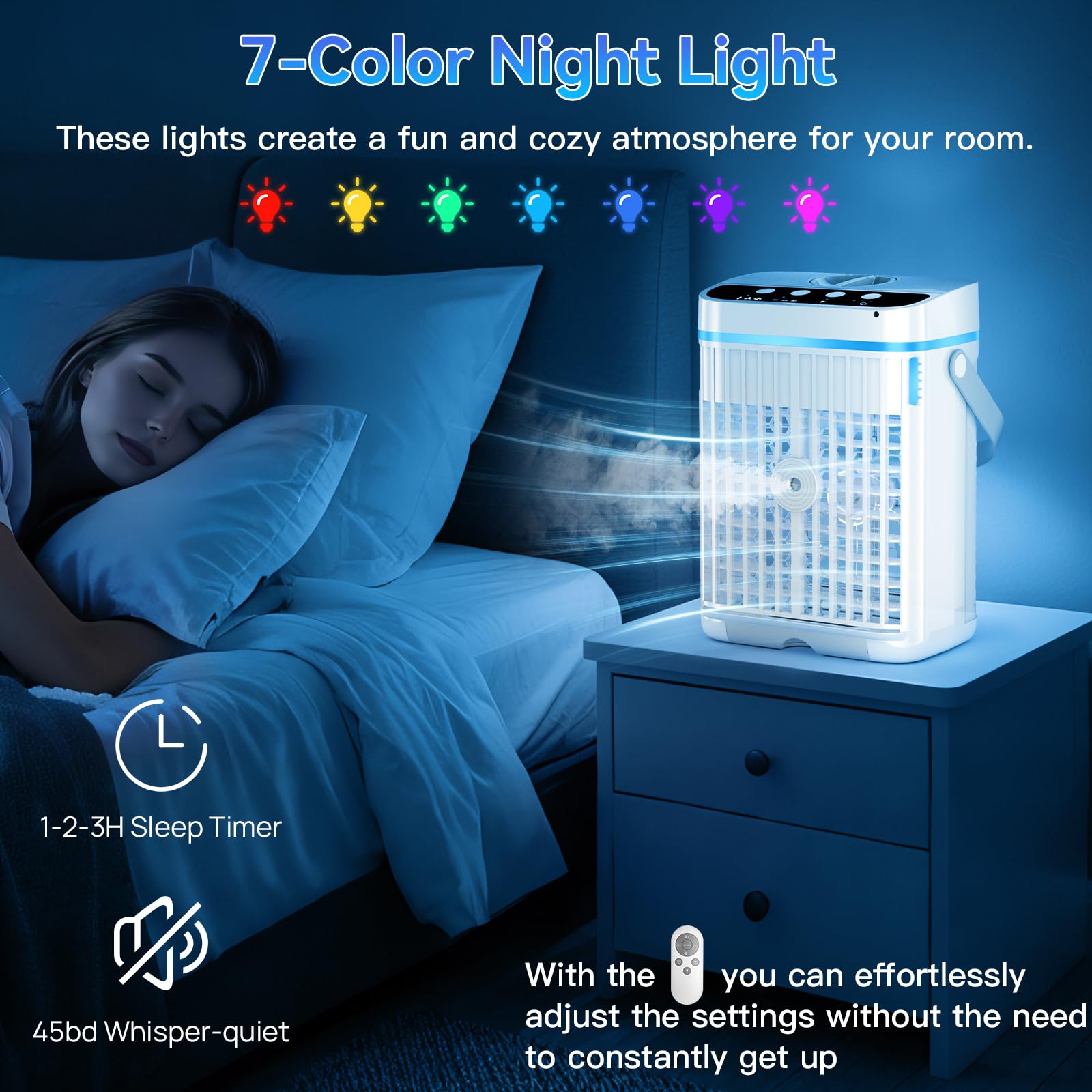 Portable Air Conditioners, 40oz Water Tank, 3 Wind Speed & 3 Cool Mist, 1-3H Timer & 7 LED Light, Personal Air Conditioner Small Mini Air Conditioner Portable Air Cooler for Room/Office