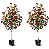 Hylmiip 4FT Artificial Camellia Tree 2 Pack, Artificial Plants Outdoor Faux Floral Plant in Cement Pot Fake Silk Camellia Tree Plants for Home House Living Room Office Decor