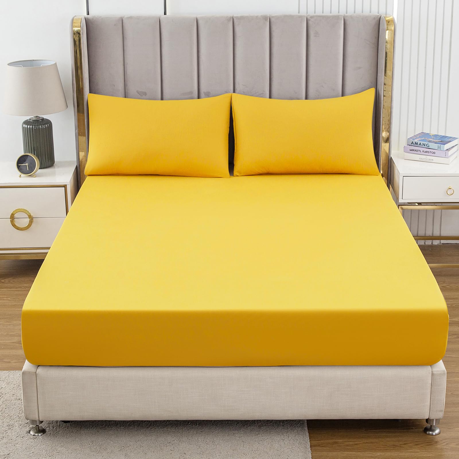 Soifox Double Fitted Sheet Yellow - Bed Sheets with Extra Deep Pocket 16 inch (40 cm), Soft Microfiber Bottom Sheet for Double Bed, 135x190cm