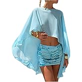 Floerns Women's Sheer Mesh Shawl Wraps High Low Ruffle Hem Beach Cover Up Poncho Tops