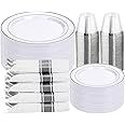 DaYammi 350PCS Silver Plastic Dinnerware Set for 50 Guests, Fancy Disposable Plates for Party, Include: 50 Dinner Plates, 50 Dessert Plates, 50 Pre Rolled Napkins with Silver Silverware, 50 Cups