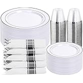 DaYammi 350PCS Silver Plastic Dinnerware Set for 50 Guests, Fancy Disposable Plates for Party, Include: 50 Dinner Plates, 50 Dessert Plates, 50 Pre Rolled Napkins with Silver Silverware, 50 Cups