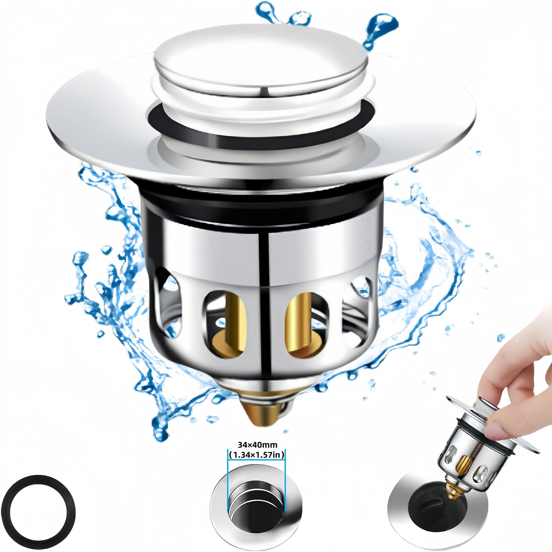 Vnvnvnv Brass Sink Plug Replacement - Pop Up, Stainless Steel Housing,Universal Plug for Sinks,Suitable for Washbasin Tubs (34-40mm)