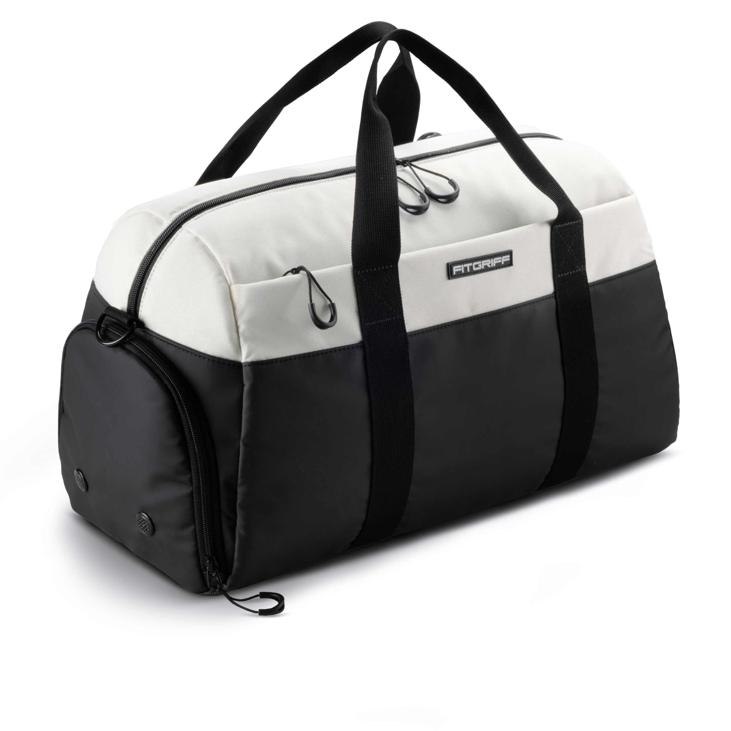 Fitgriff® Sporttasche & Reisetasche V2 für Damen und Herren - mit Schuhfach & Nassfach - Tasche für Sport, Fitness, Reisen - Trainingstasche, Gym Bag, (Black/Creme White, Small) 8