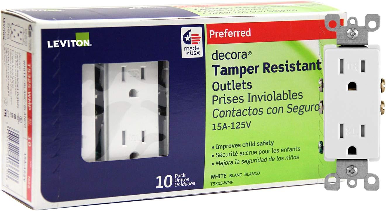 Leviton T5325-WMP 15 Amp 125 Volt, Tamper Resistant, Decora Duplex Receptacle, Straight Blade, Grounding, 10-Pack, White M22-Straight, 125 V, 2 Pole, 3 Wire, 10 pack, 10 Piece - - 