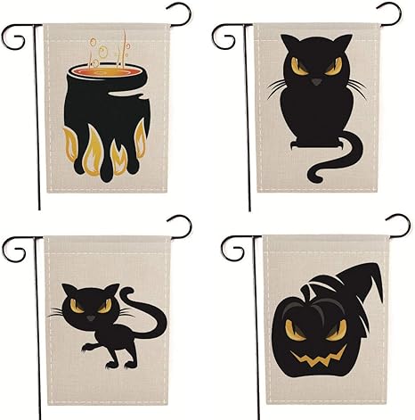 Amazon Co Jp 4のハロウィーンの庭旗 シンプル両面バナーは ホームの庭の芝生 屋外のため 黄麻布パンプキンキャットバット装飾旗を印刷30 45センチメートル パック E ホーム キッチン