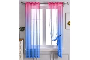WPM WORLD PRODUCTS MART Pink Blue Ombre Sheer curtains for Kids playroom 2 Panels Rod Pocket Bedroom Window Semi Voile Drapes Faux Linen Décor Girls Livingroom Room Decoration Party (Pink and Blue, 54 x 63 Inch)