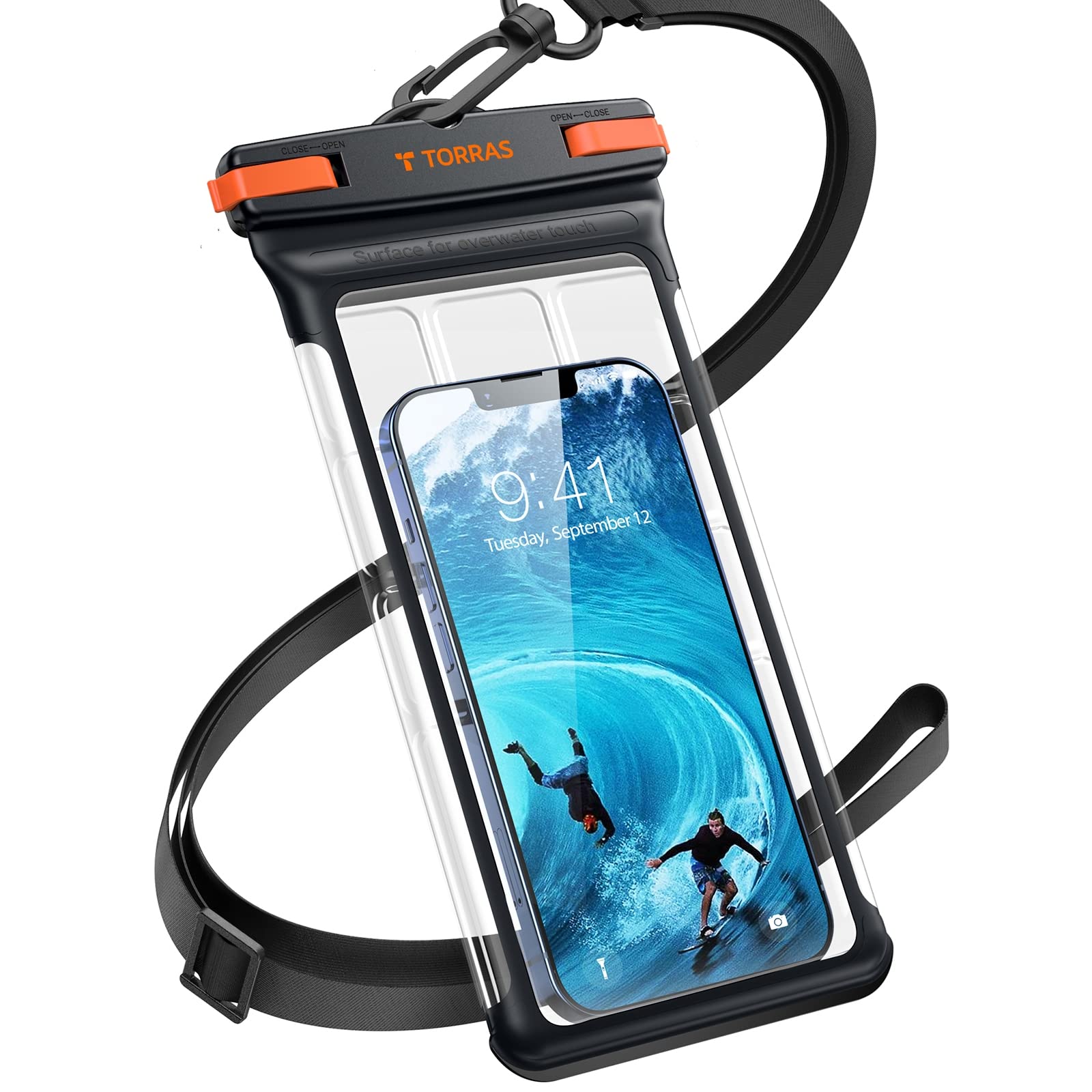 TORRAS Icecube IPX8 Waterproof Phone Pouch, Underwater Screen Touchable, Waterproof Phone Case for Snorkeling, Adjustable Lanyard, Vacation Essentials for iPhone 15 Pro Max/14/13 Samsung, Black 6.9''