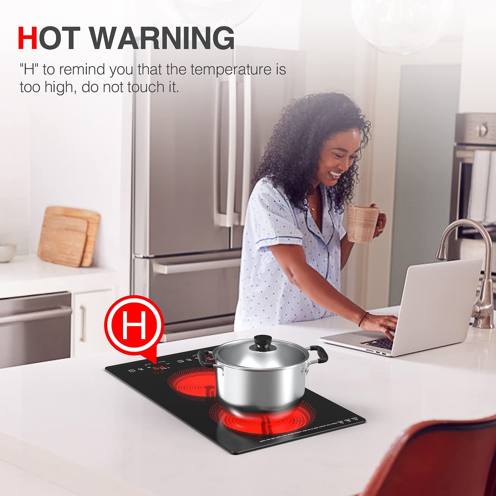 Electric Cooktop 2 Burners 2100W, 110v-120v Electric Stove Top 12 inch, Countertop & Built-in Cooktop, 20 Temperature 9 Power Levels, Child Lock, Timer, Over-Heat Protection