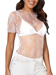 WIHOLL White Shirts for Women Lace Short Sleeve