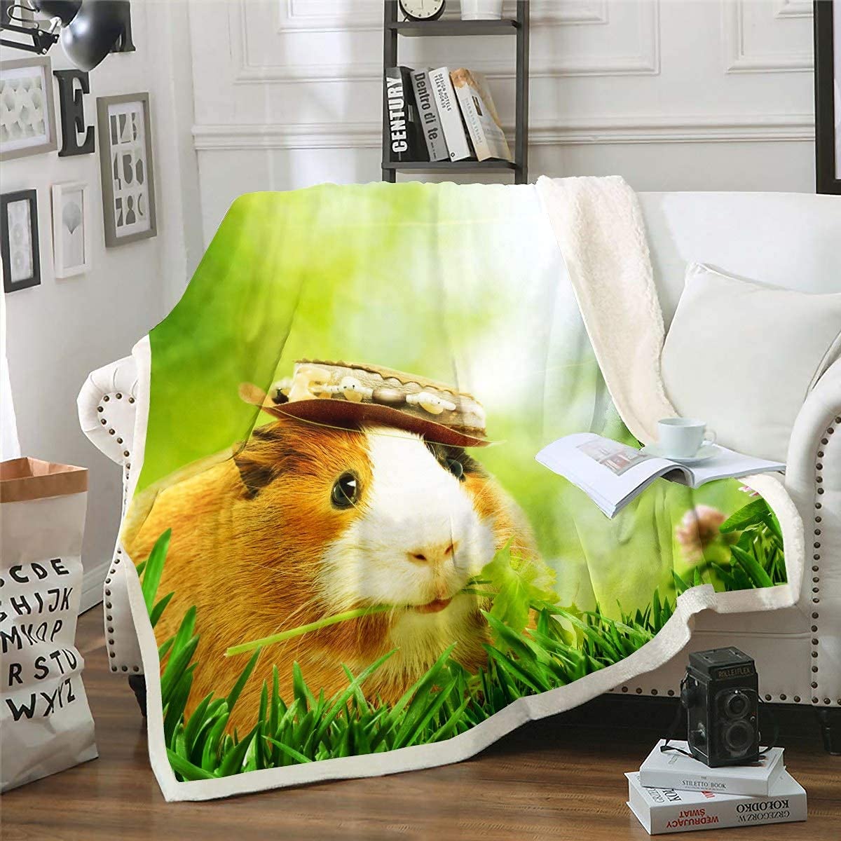 Loussiesd Kids Cute Guinea Pig Fleece Blanket Lovely Cavy Pattern Sherpa Throw Blanket for Sofa Child 3D Animal Pet Warm Plush Blanket Reversible Green Garden Fuzzy Blanket 40x50 Inch