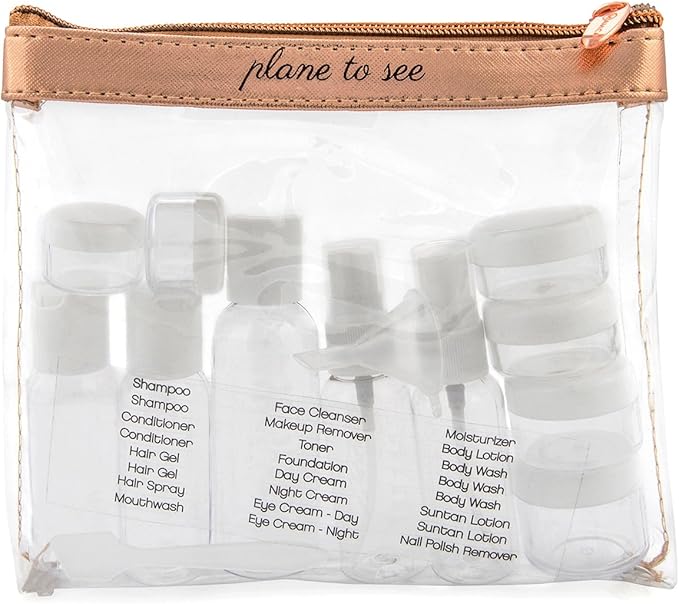 Miamica Women S Tsa Compliant Travel Bottles And Toiletry Bag Kit 15 Piece Clear Rose Gold One Size Amazon De Bekleidung