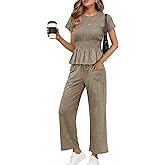 Cicy Bell Womens 2 Piece Outfits Smocked Short Sleeve Tops Wide Leg Elastic Waist Pants Casual Boho Lounge Matching Sets