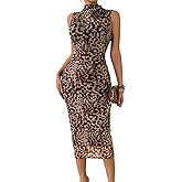 Milumia Women's Printed Mock Neck Bodycon Maxi Dress Sleeveless Mesh Long Dress Party Cocktail