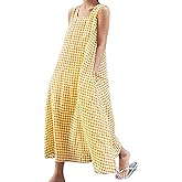 chouyatou Women's Summer Casual Loose-Fit Cotton Plaid Tank Maxi Dress with Pockets Boho Beach Sundress