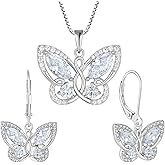 STARCHENIE Butterfly Necklace Earrings Set, 925 Sterling Silver with Cubic Zirconia, Jewelry Gift for Women