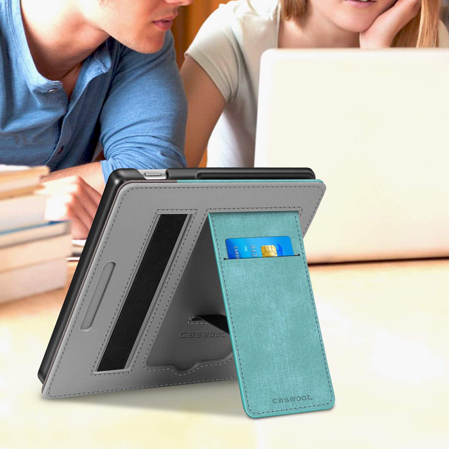 CaseBot Stand Case for Kindle Oasis (10th/9th Generation, 2019/2017 Release) - Premium PU Leather Sleeve Cover with Card Slot and Hand Strap, Turquoise