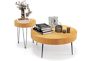 GOFLAME Round Coffee Table Set of 2, Modern Farmhouse End Tables with Natural Finish, Aesthetic Line Design, Solid Wood Nesting Side Tables for Living Room, Bedroom, Easy Assembly