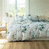MILDLY Duvet Cover Leaf Pattern- 100% Washed Cotton Eucalyptus Printed Sage Green Comforter Cover Linen Feel Bedding Set with Zipper Closure 4 Ties Queen Size