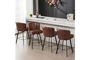 SAECKBERG Swivel Counter Height Bar Stools Set of 4, 26'' Modern Barstools with Backs and Metal Legs, Upholstered Bar Chairs, Faux Leather Brown Stools for Kitchen Island Chairs