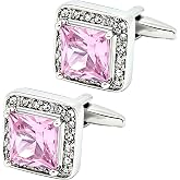 Jonwo Pink Crystal Square Silver Cufflinks for Men Lady Shirt In Gift Case | Classic Faceted Gemstone Men's Women Cuff Links Jewelry Set for Wedding Anniversary Party Daily Formal Events Tuxedo Dress