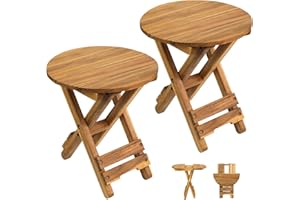 DAXULY Small Patio Table, Outdoor Folding Side Table, Portable Side Table, Small Side Table, Accent Table, Small Coffee End Table, Wood Table Top for Living Room, Bedroom... (Round - Natural - Set 2)