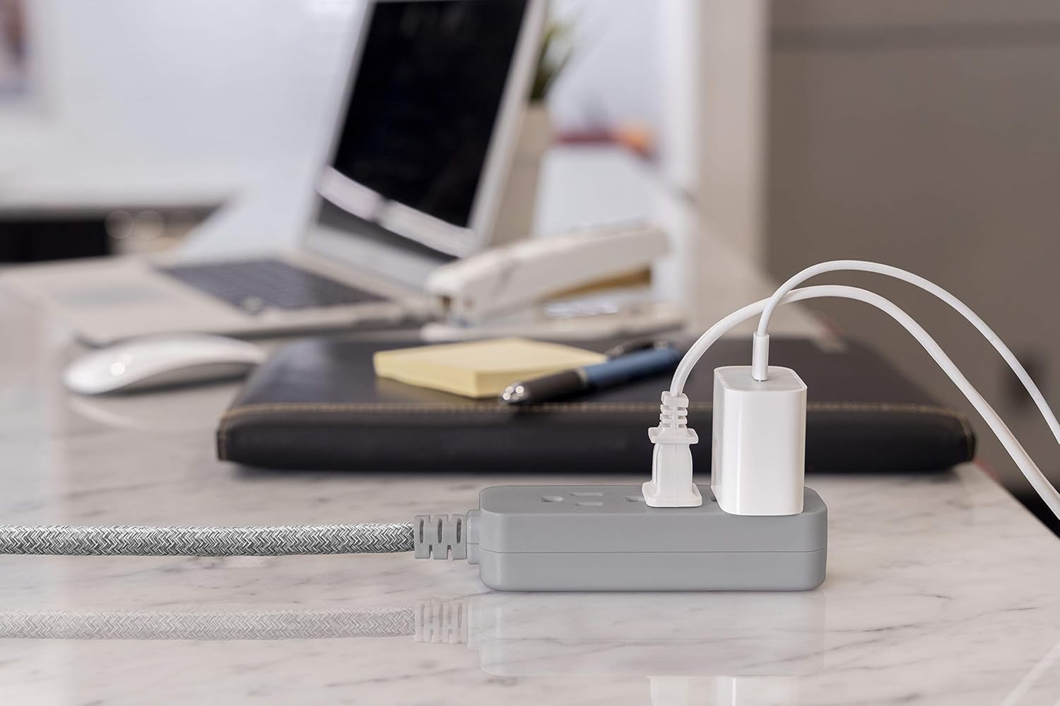 GE, Heather Gray, Designer Power Strip, 6 Inch Braided Extension Cord, 3 Grounded Outlets, Flat Plug, 53199 - - 
